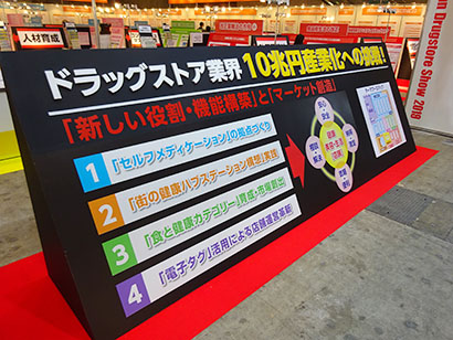 3月15日から17日まで開催された第19回JAPANドラッグストアショーで10兆円産業化への挑戦を掲げた日本チェーンドラッグストア協会のテーマブース