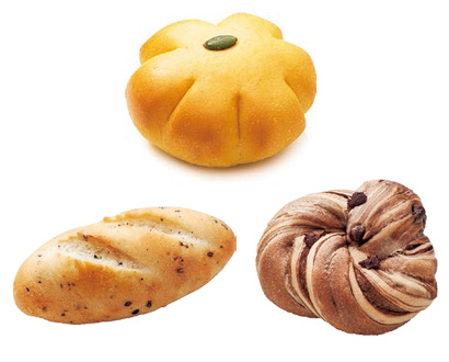 かぼちゃパン（上）、チョコマーブル（右下）、ごまおさつ（左下）