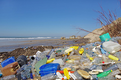 プラスチックゴミが漂着したタイ湾の浜辺＝天然資源環境省提供