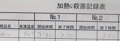 （写真2）加熱殺菌記録表の例