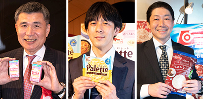左から江崎グリコ「アイクレオ赤ちゃんミルク」、日清フーズ「マ・マーPalette（パレット）フェットチーネ」、日本水産「MSC おさかなミンチ」
