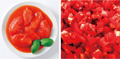 皮むきホールトマト（左）とカットトマト