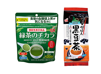 「緑茶のチカラ75g」（左）と「北海道産OSKべっぴん黒豆茶22袋」