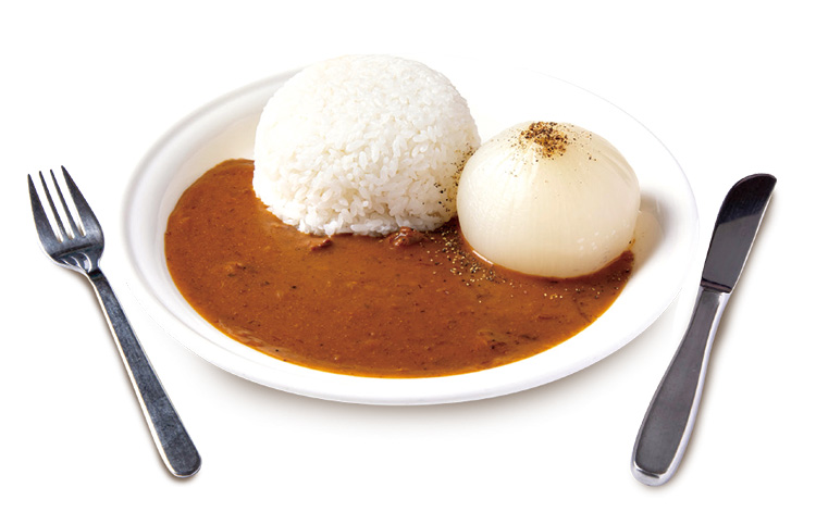 Komi'z「丸ごと玉ねぎカレー(淡路島産玉ねぎ)」800円(税込み) M~Lサイズの淡路島産玉ネギは、かなり食べ応えあり。ナイフとフォークでステーキのように切り分け、ばらしながら食べる。日販約20食