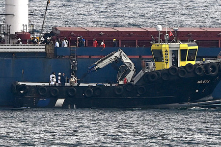 ３日、トルコのイスタンブール沖の海上で、検査を受けるウクライナ産穀物を積んだ貨物船（ＡＦＰ時事）