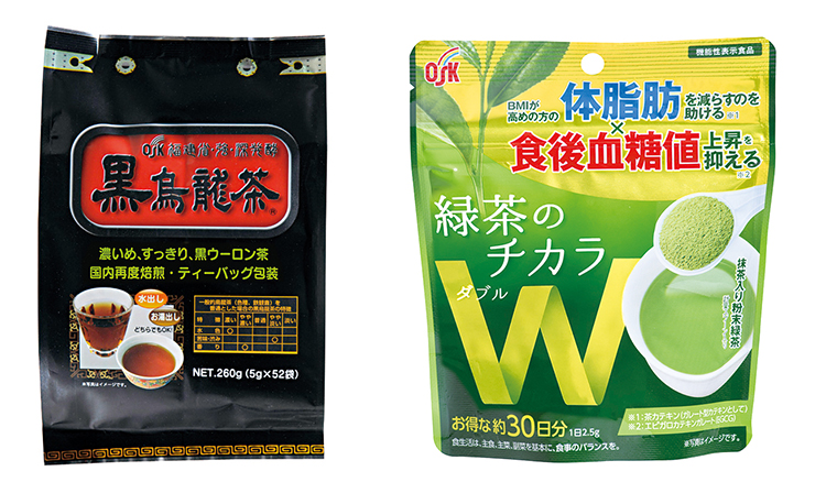 「福建省・強・深発酵 OSK黒烏龍茶 52袋」（左）と「緑茶のチカラW75g」