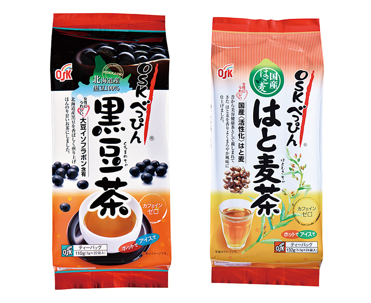 「北海道産 OSKぺっぴん 黒豆茶 22袋」（左）と「OSKべっぴん はと麦茶 24袋」