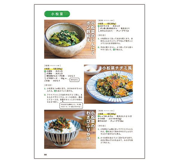 本の中身ちょっと拝見：小松菜を一袋使用し、食べ応えも十分な「小松菜チヂミ風」。