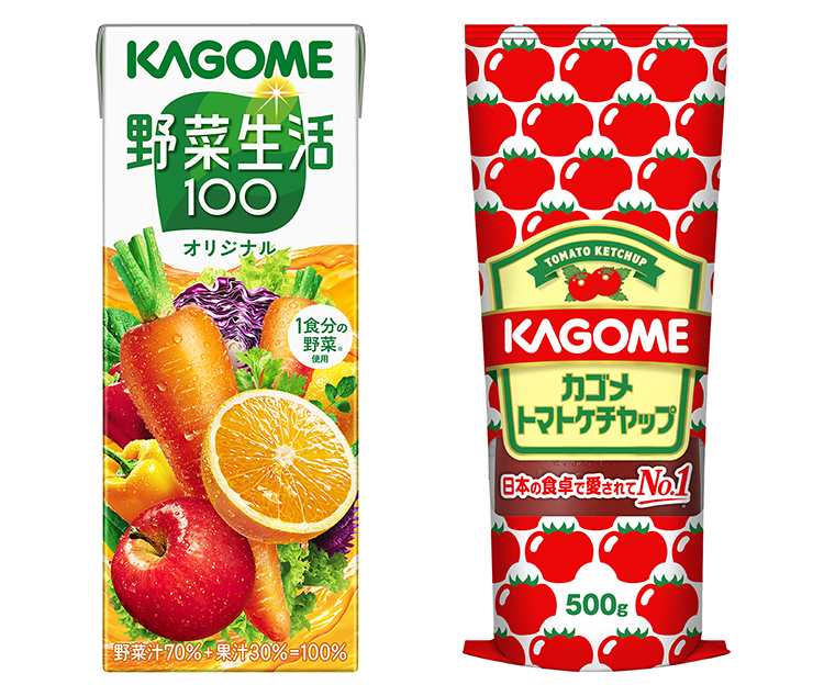カゴメトマトケチャップ（右）と野菜生活100オリジナル