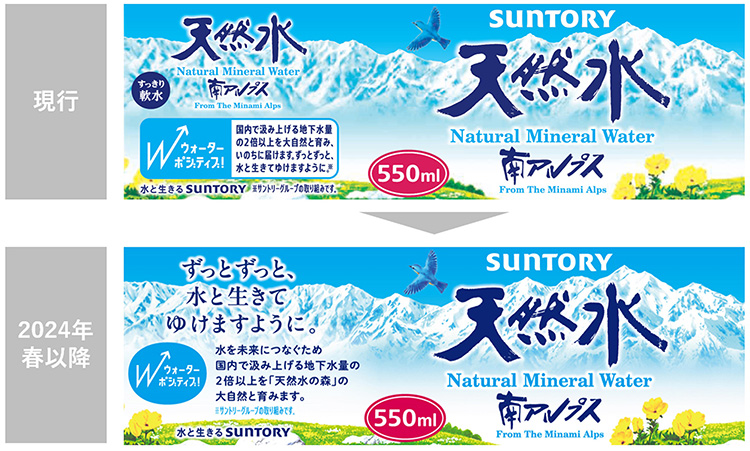 最大接点の「サントリー天然水」のラベルでも思いをわかりやすく発信