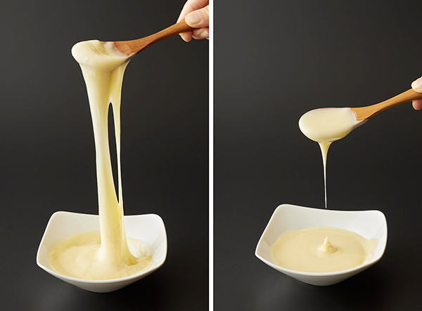 添加前（右）に比べてチーズ加工品に圧倒的な伸びを付与