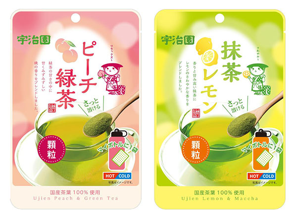 「さっと溶ける果粒　ピーチ緑茶」（左）と「さっと溶ける果粒　抹茶レモン」