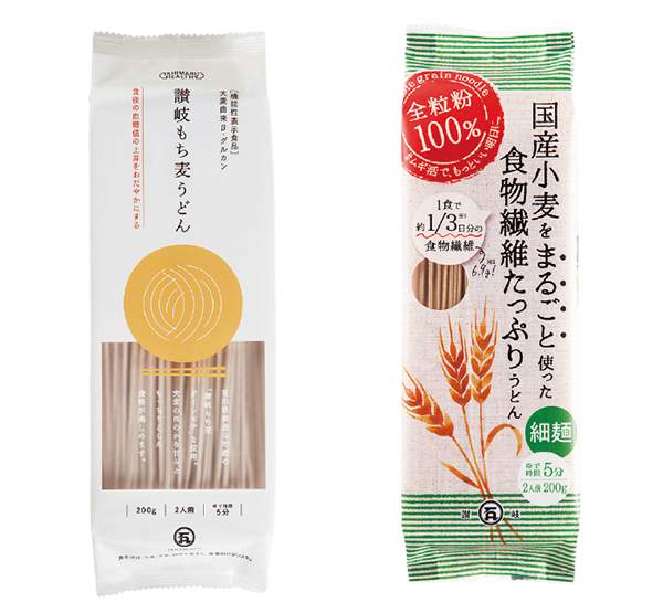 βグルカンの機能性表示食品「讃岐もち麦うどん」（左）と国産小麦全粒粉100％使用の「国産小麦をまるごと使った食物繊維たっぷり細うどん」