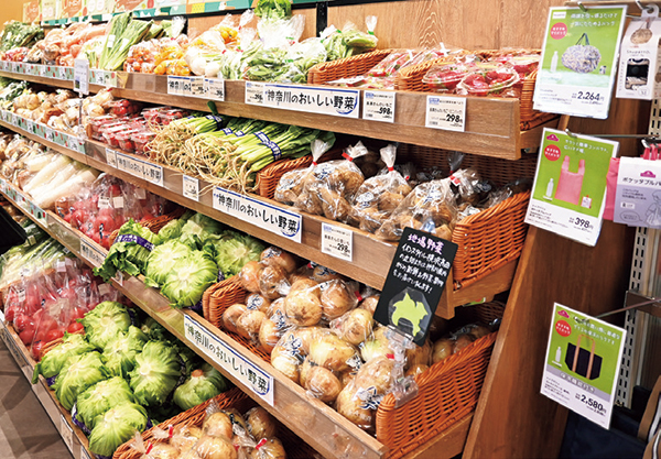 横浜・神奈川の地場野菜コーナーは通年で展開。季節や収穫量によっては、港北区の生産者が直接店舗に届けてくれることもあります
