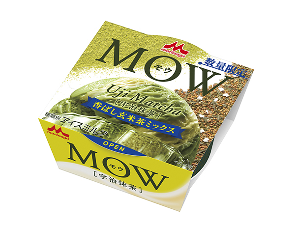 抹茶アイスと玄米茶アイスをマーブル状につめている「MOW」