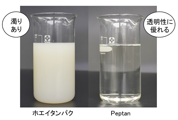コラーゲンペプチド「Peptan（ペプタン）」は溶解性、透明性に優れている）