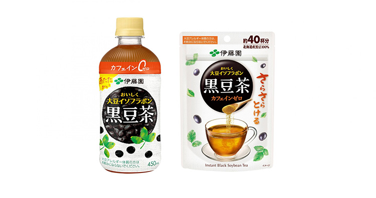 「おいしく大豆イソフラボン　黒豆茶　450ml（ホット専用）」（左）と「さらさらとける　おいしく大豆イソフラボン　32g（インスタント）」