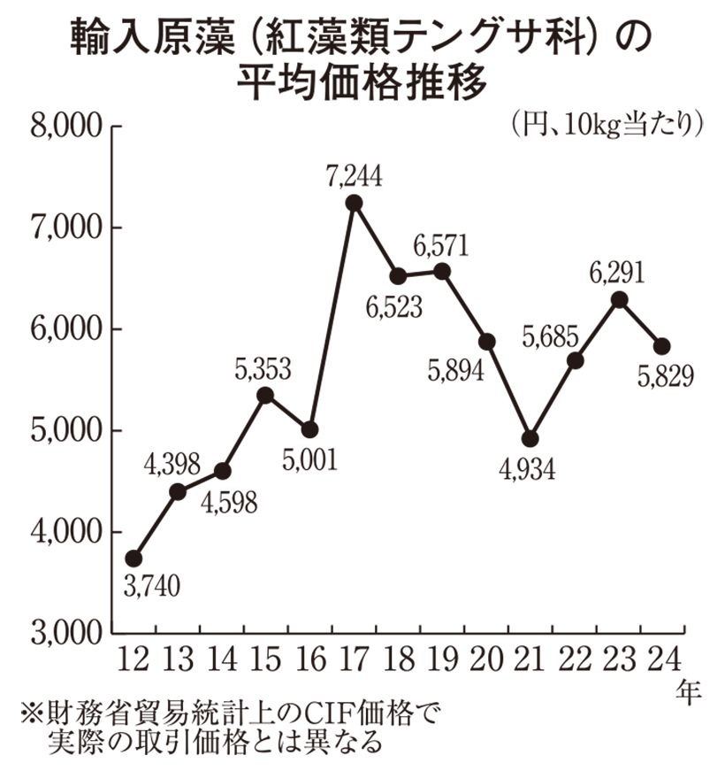 寒天特集：原料動向＝24年輸入量5.6％増　円安で実勢価格は高止まり