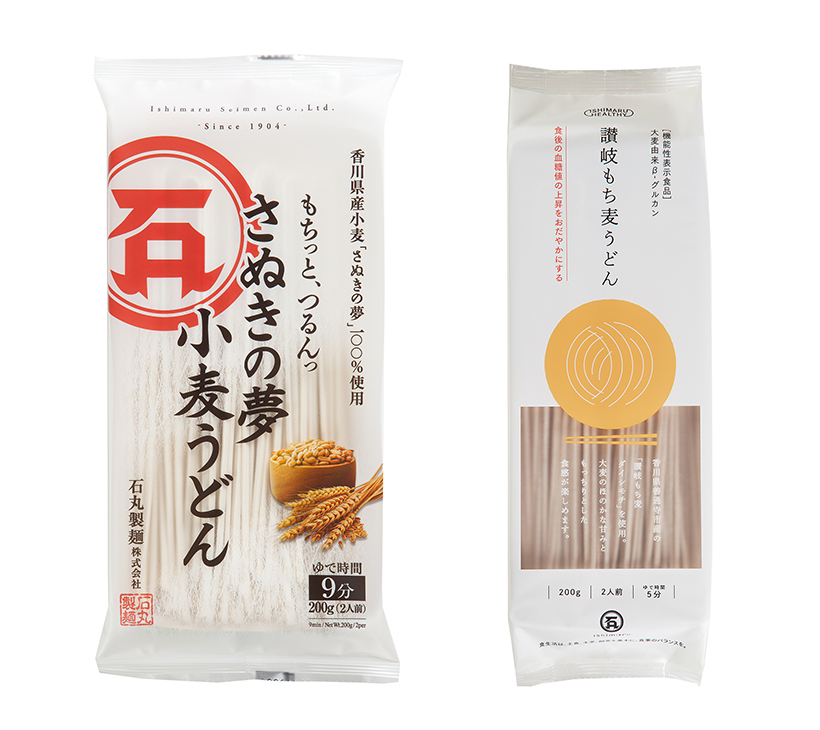 「さぬきの夢 小麦うどん」(左)と「讃岐もち麦うどん」